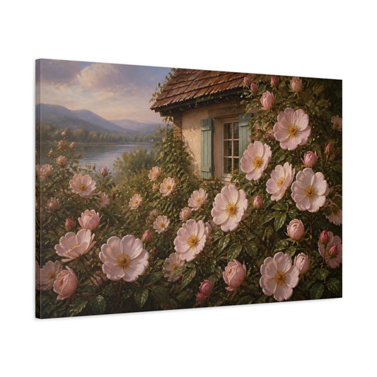 Main Mockup. Wild Roses By The Lake shown as canvas print
