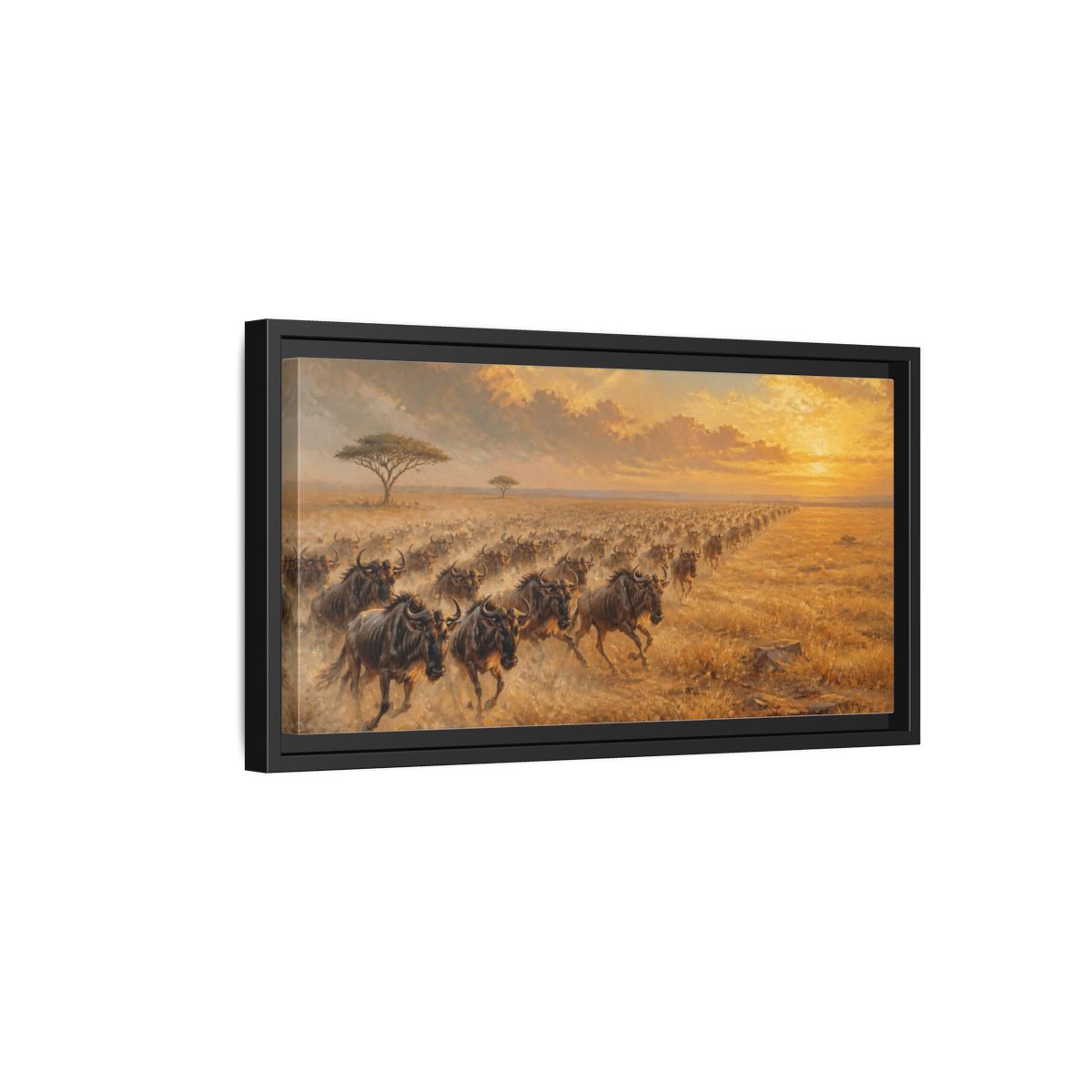 Side Mockup 8. Wildebeest Animals Migration shown as framed canvas print