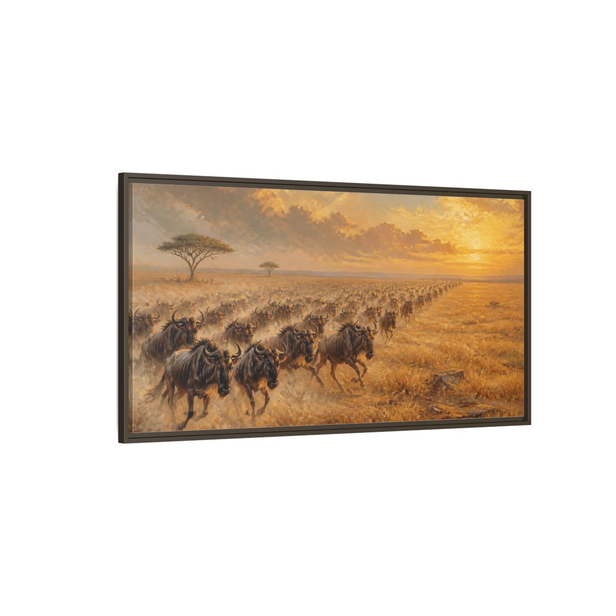 Side Mockup 4. Wildebeest Animals Migration shown as framed canvas print