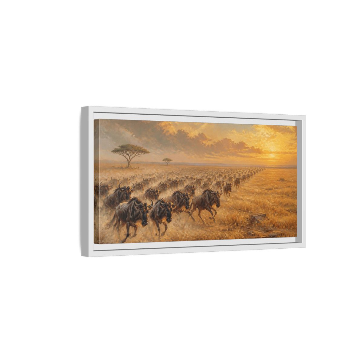 Side Mockup 6. Wildebeest Animals Migration shown as framed canvas print