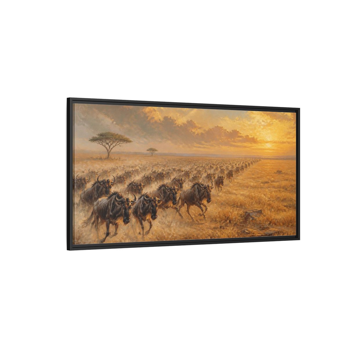 Side Mockup 5. Wildebeest Animals Migration shown as framed canvas print