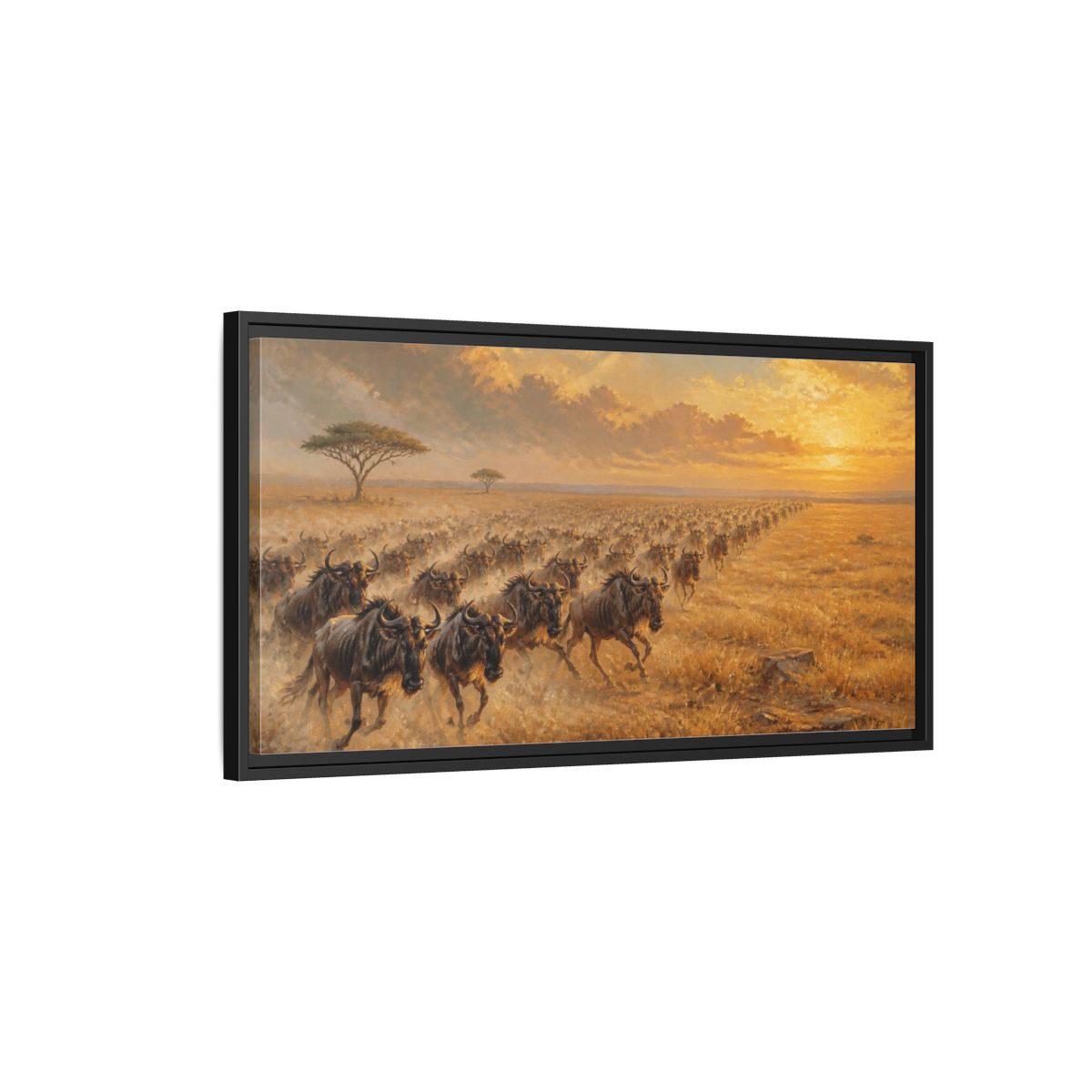 Side Mockup 2. Wildebeest Animals Migration shown as framed canvas print