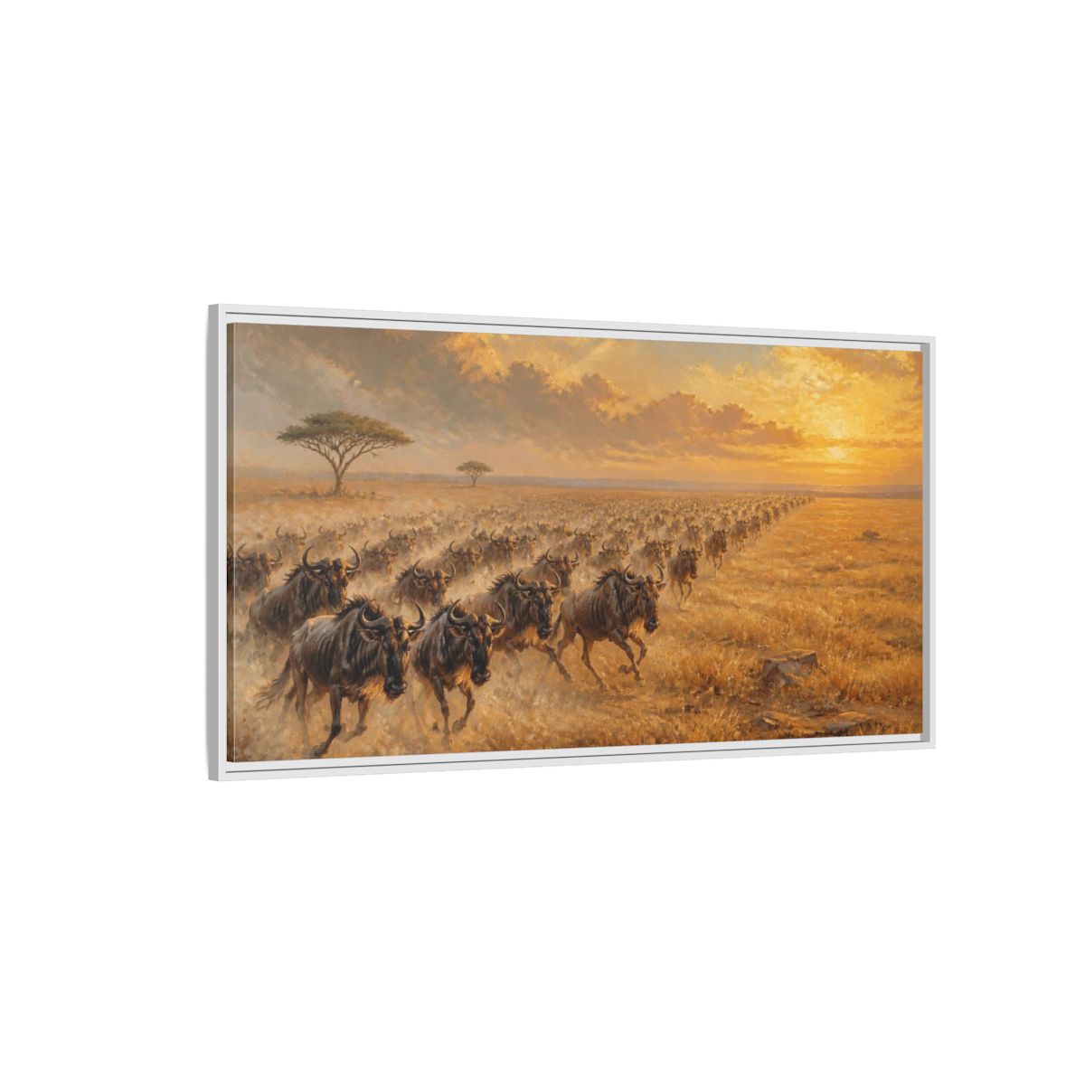 Side Mockup 3. Wildebeest Animals Migration shown as framed canvas print