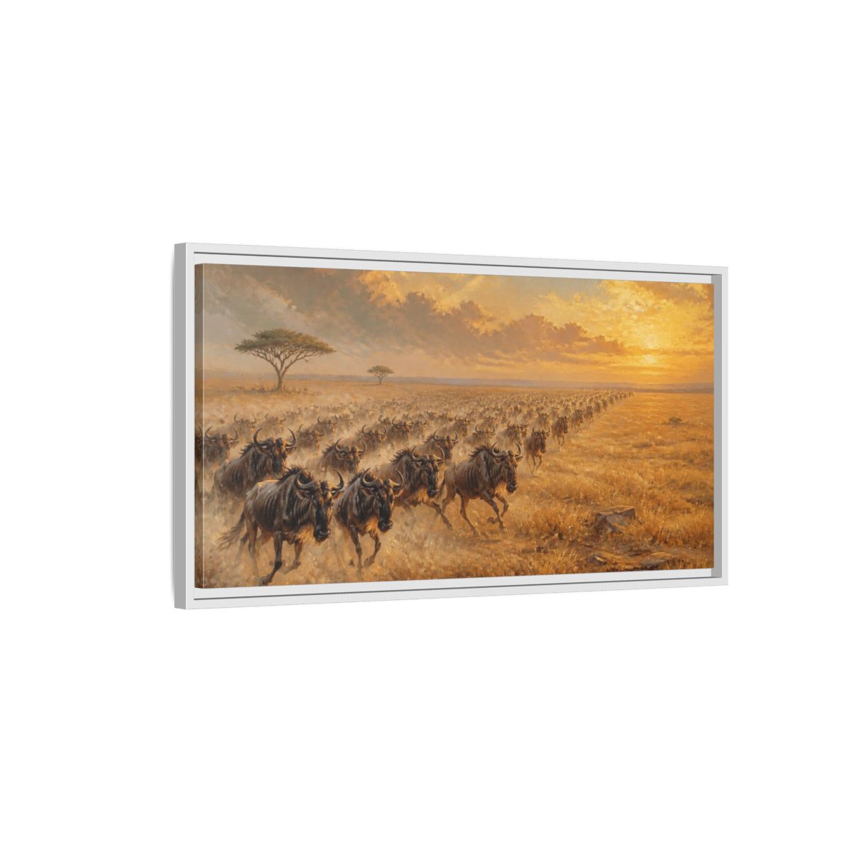 Side Mockup 1. Wildebeest Animals Migration shown as framed canvas print