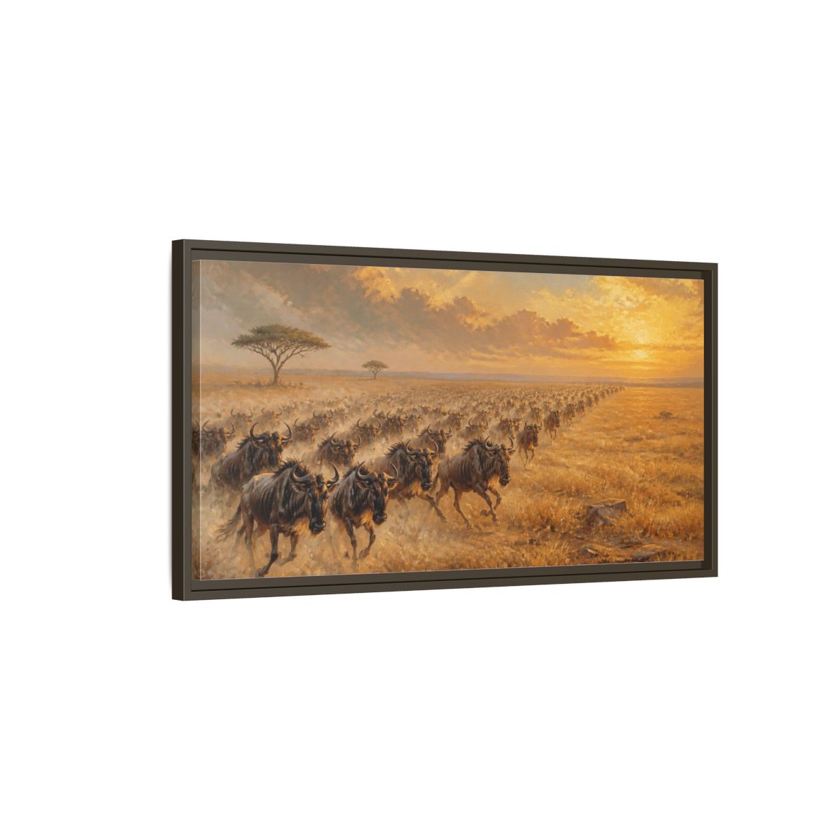 Main Mockup. Wildebeest Animals Migration shown as framed canvas print