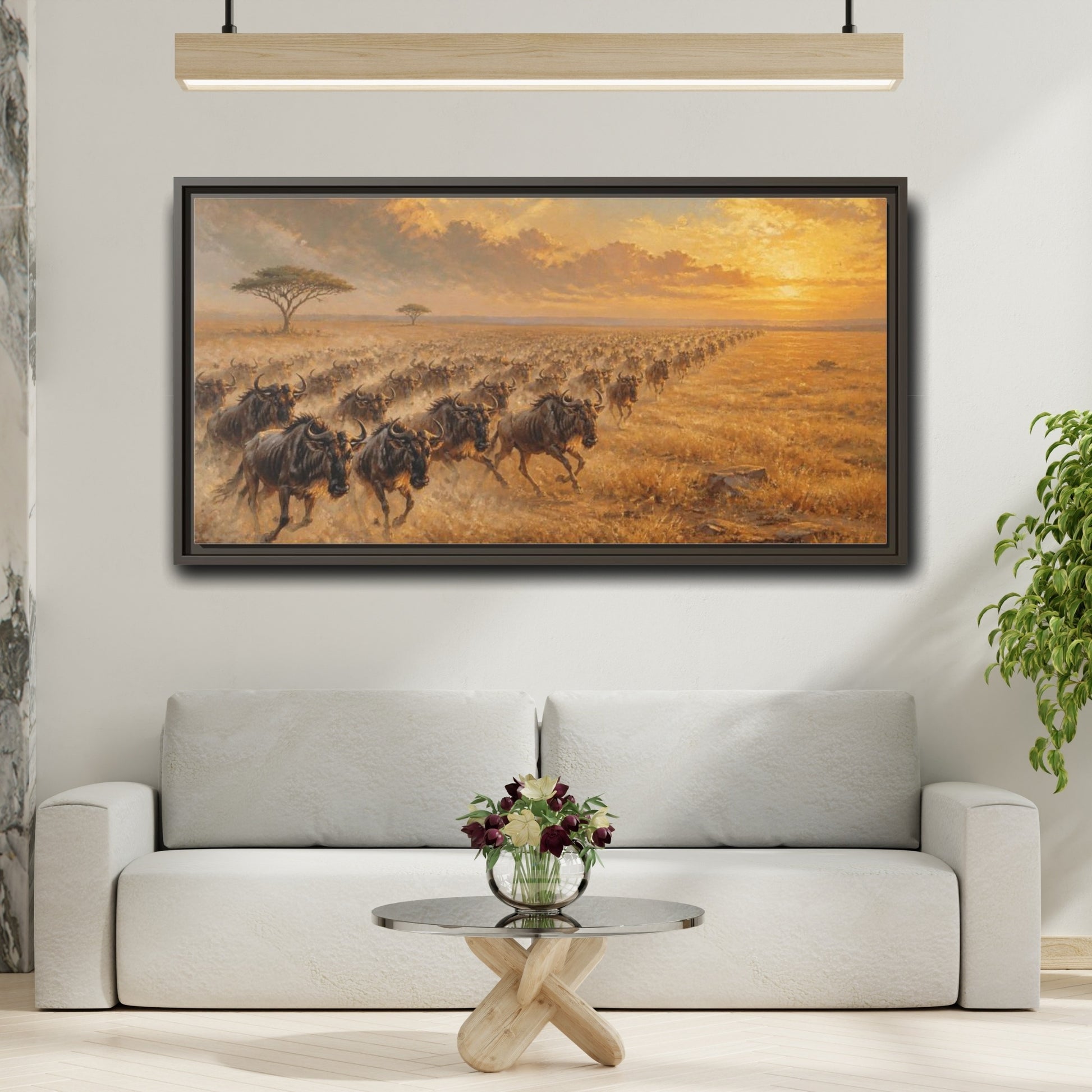 Mockup 2. Wildebeest Animals Migration shown as framed canvas print