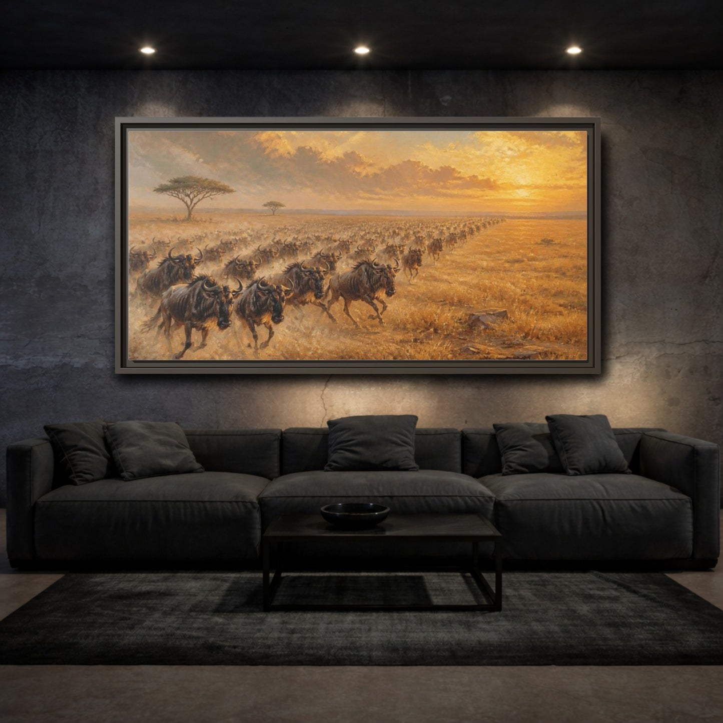 Mockup 3. Wildebeest Animals Migration shown as framed canvas print