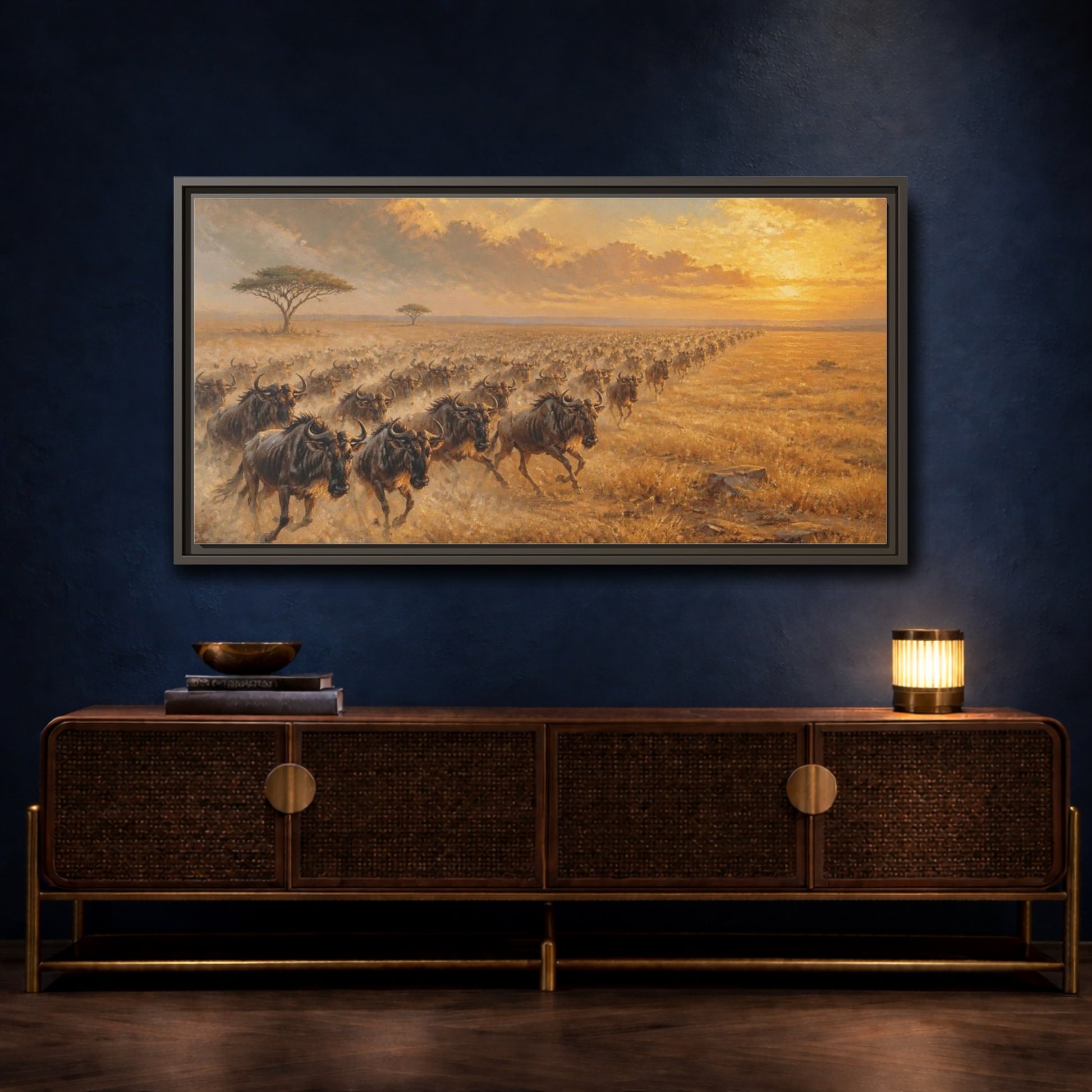 Mockup 4. Wildebeest Animals Migration shown as framed canvas print