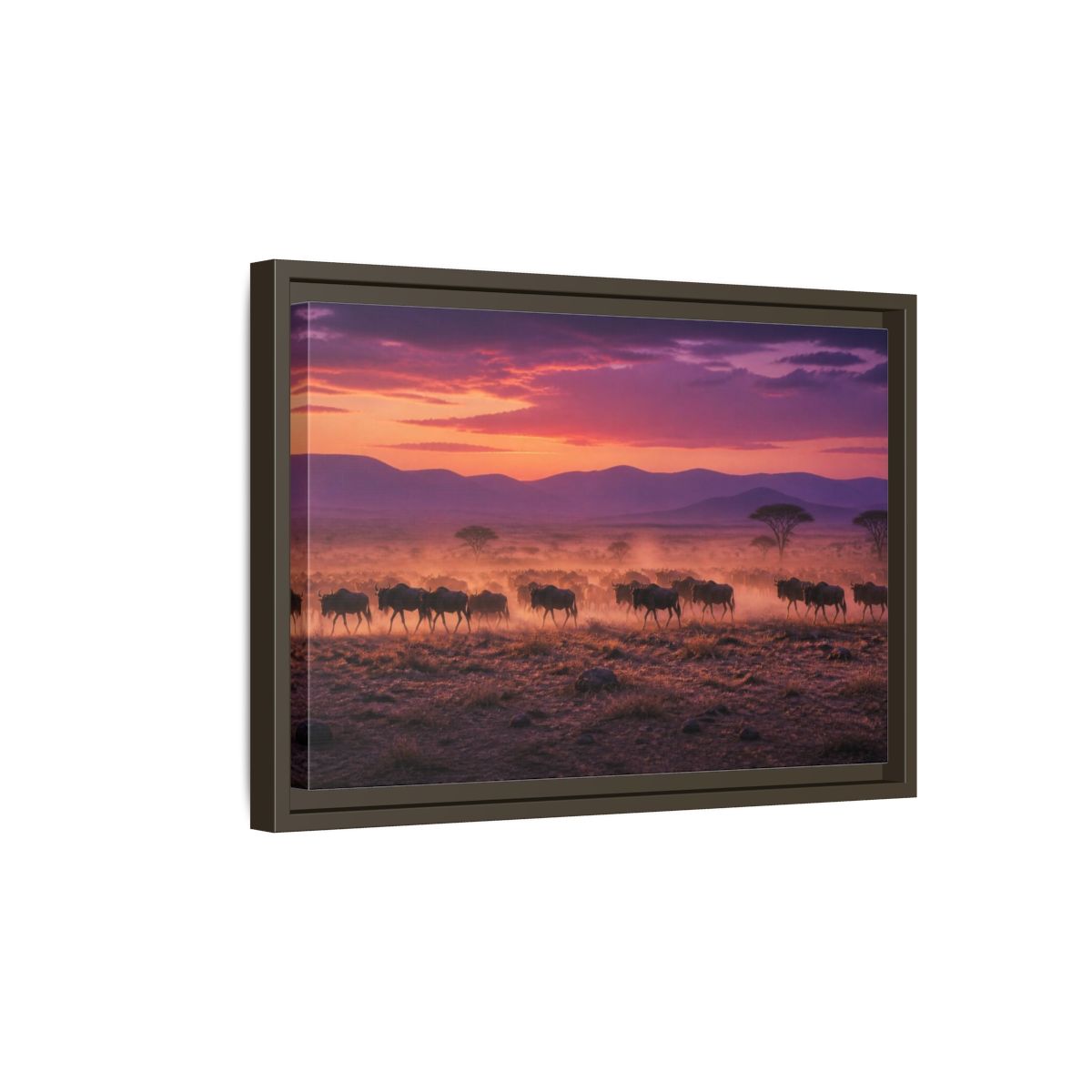 Side Mockup 5. Wildebeest Landscape At Dusk shown as framed canvas print