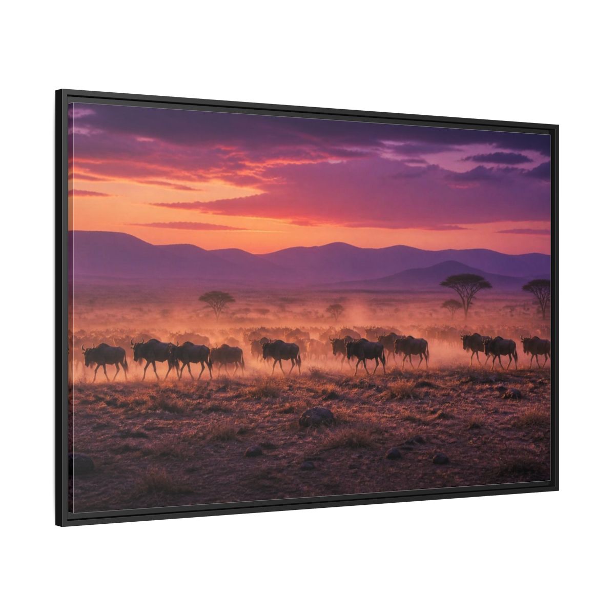 Side Mockup 12. Wildebeest Landscape At Dusk shown as framed canvas print
