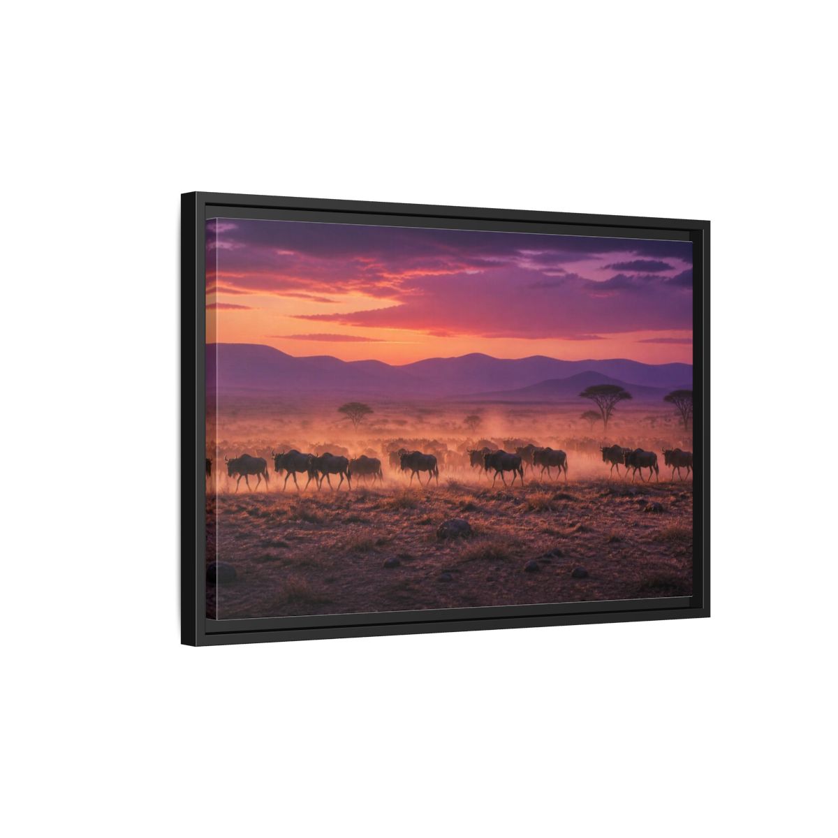 Side Mockup 3. Wildebeest Landscape At Dusk shown as framed canvas print