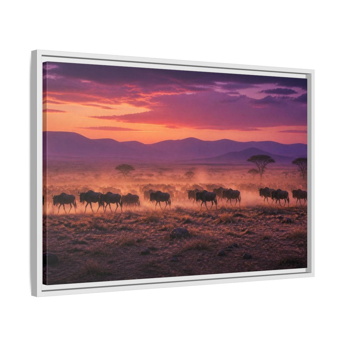 Side Mockup 10. Wildebeest Landscape At Dusk shown as framed canvas print