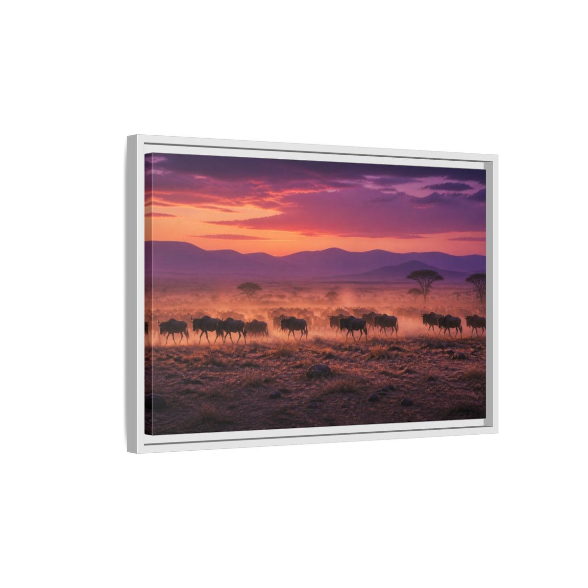 Side Mockup 1. Wildebeest Landscape At Dusk shown as framed canvas print