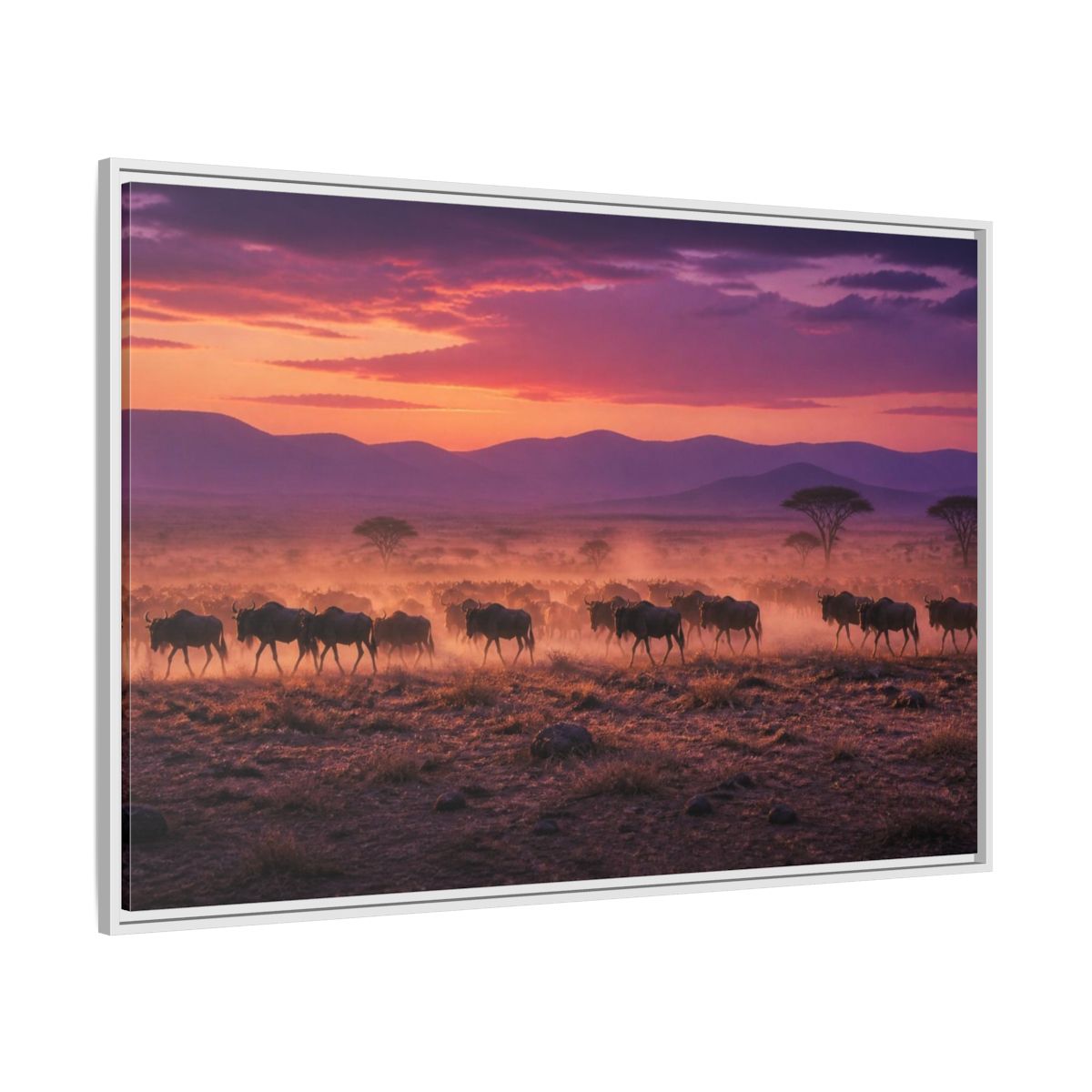 Side Mockup 7. Wildebeest Landscape At Dusk shown as framed canvas print