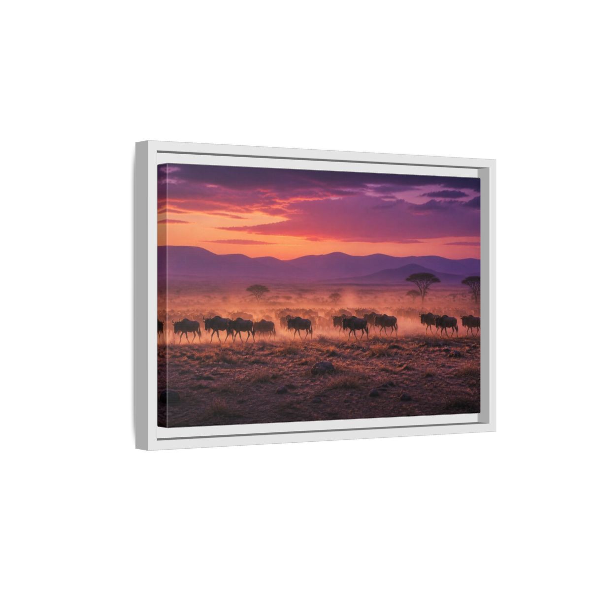 Side Mockup 4. Wildebeest Landscape At Dusk shown as framed canvas print