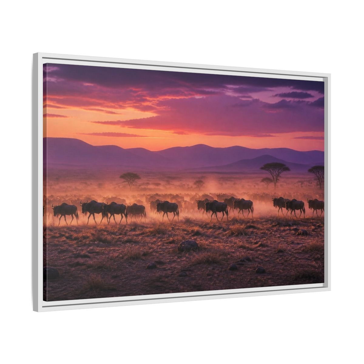 Side Mockup 9. Wildebeest Landscape At Dusk shown as framed canvas print