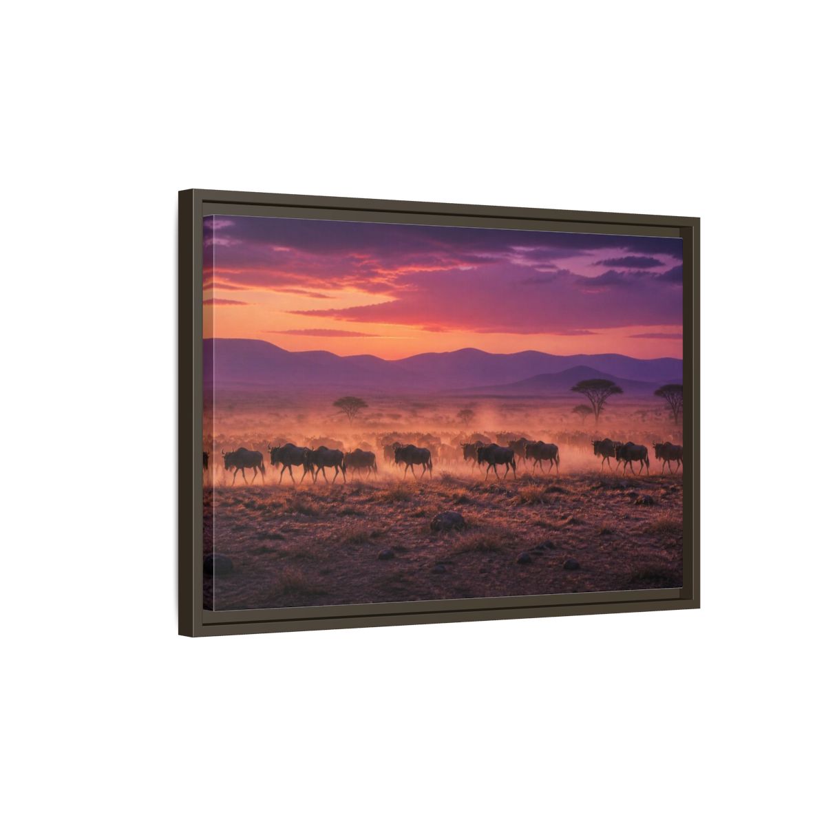 Side Mockup 2. Wildebeest Landscape At Dusk shown as framed canvas print