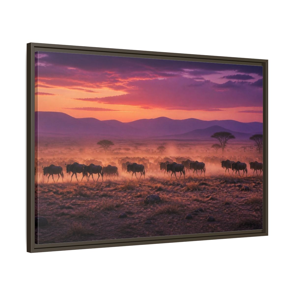 Main Mockup. Wildebeest Landscape At Dusk shown as framed canvas print