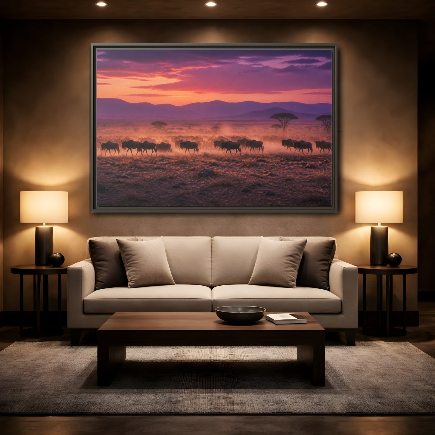 Mockup 2. Wildebeest Landscape At Dusk shown as framed canvas print