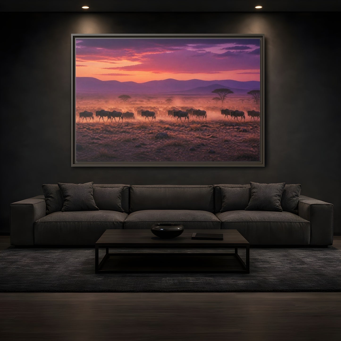 Mockup 3. Wildebeest Landscape At Dusk shown as framed canvas print