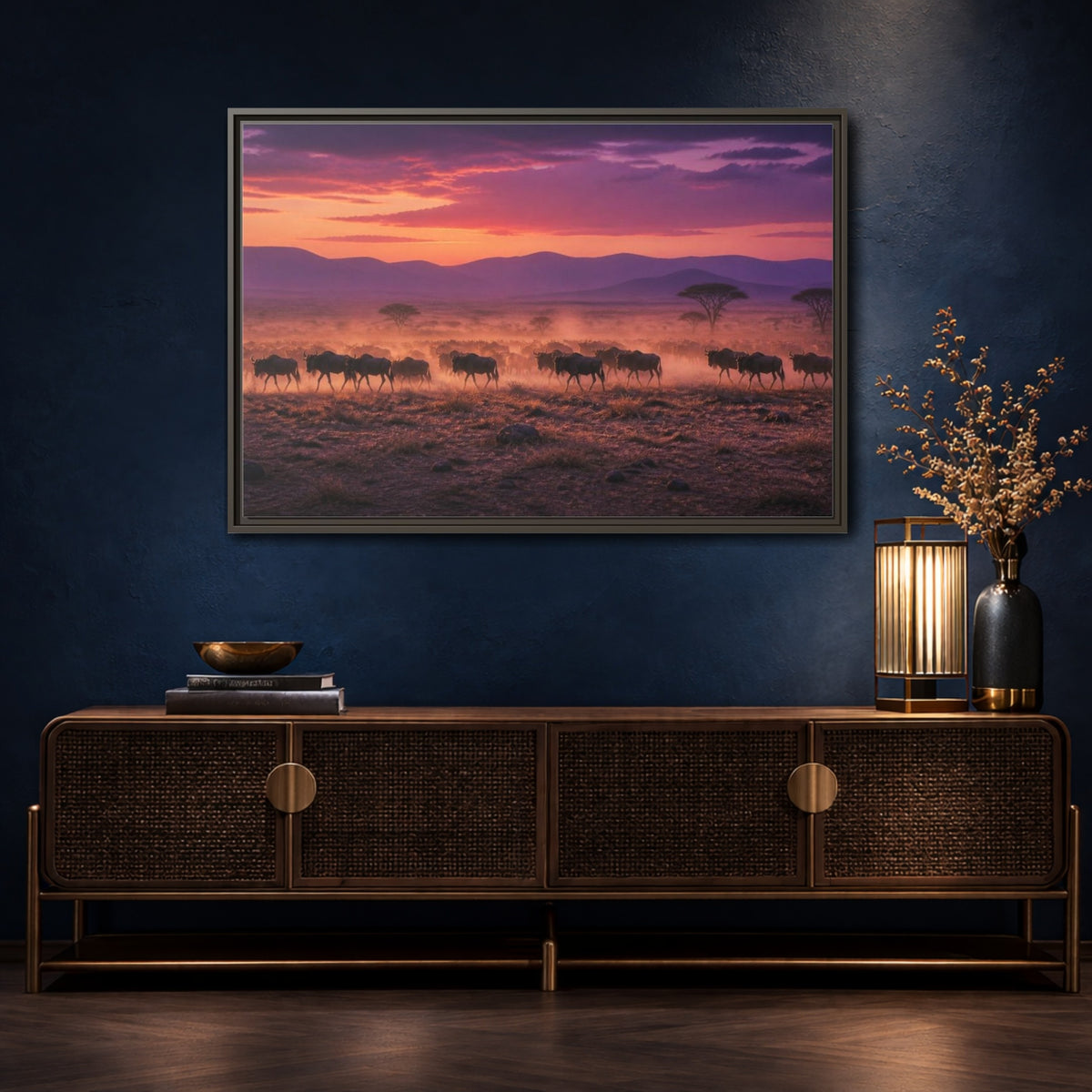 Mockup 4. Wildebeest Landscape At Dusk shown as framed canvas print