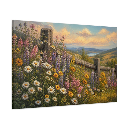 Main Mockup. Wildflowers By Weathered Fence shown as canvas print