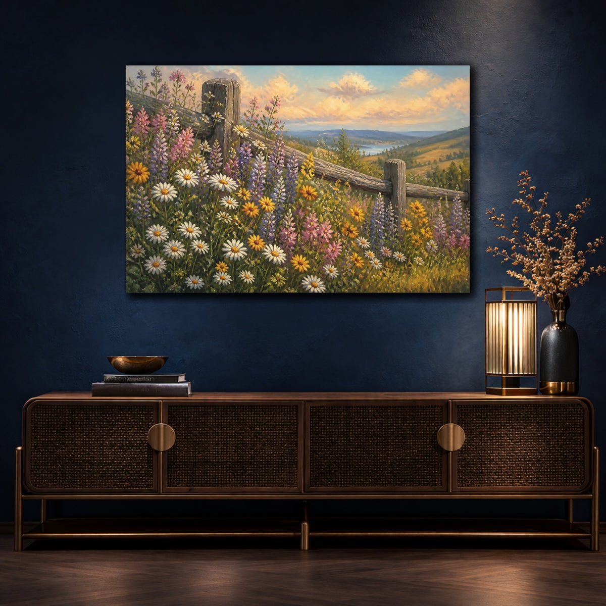 Mockup 4. Wildflowers By Weathered Fence shown as canvas print