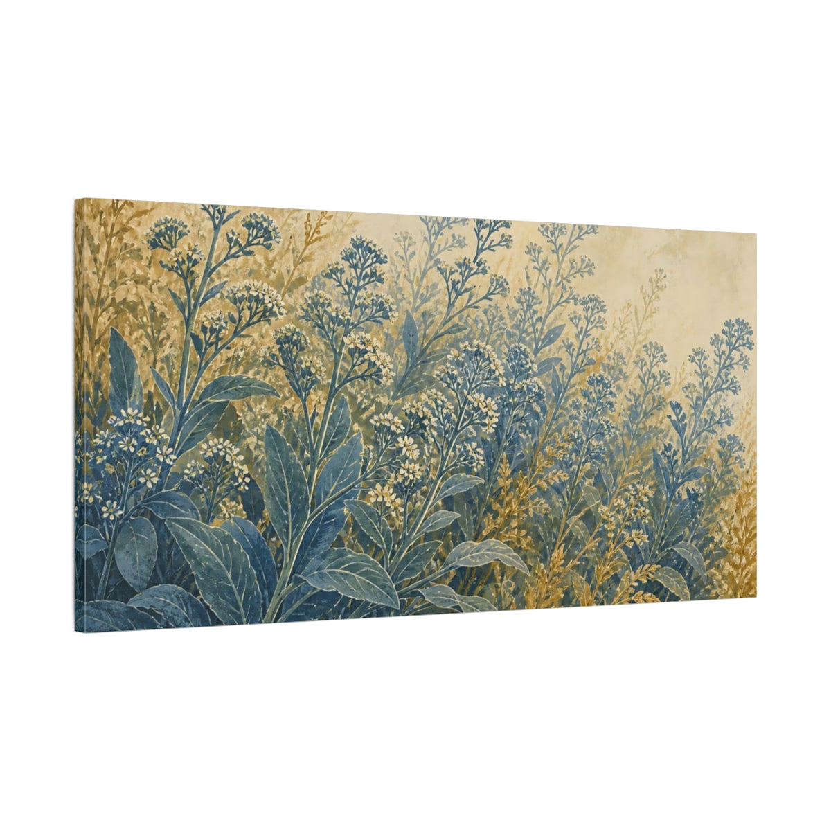 Main Mockup. Wildflowers Floral Blue Gold shown as canvas print