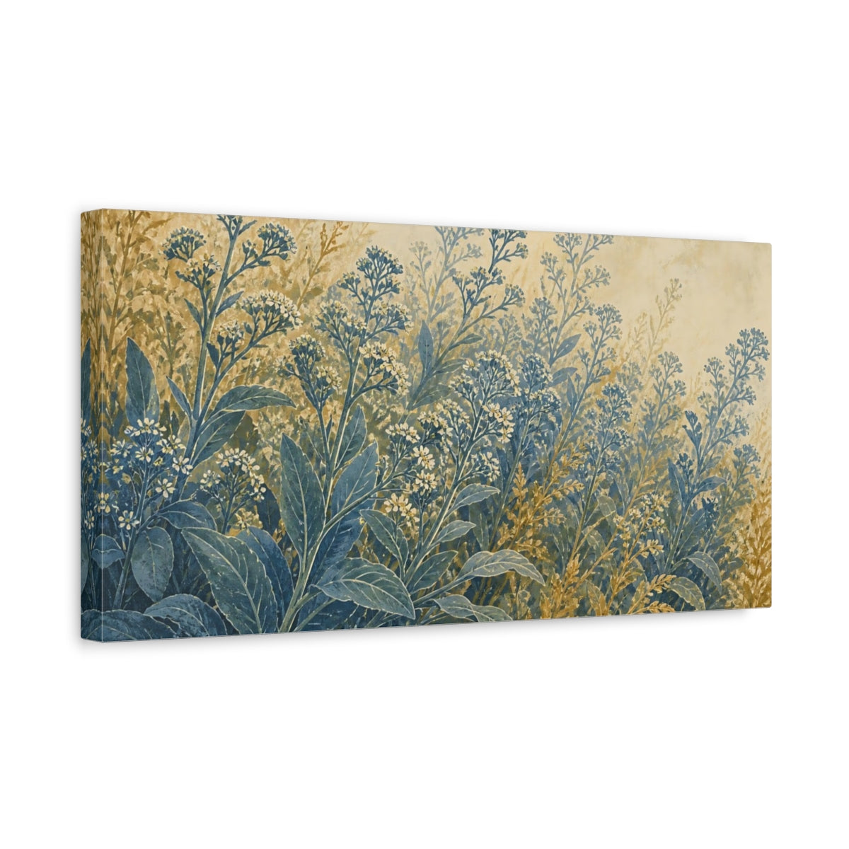 Side Mockup 3. Wildflowers Floral Blue Gold shown as canvas print