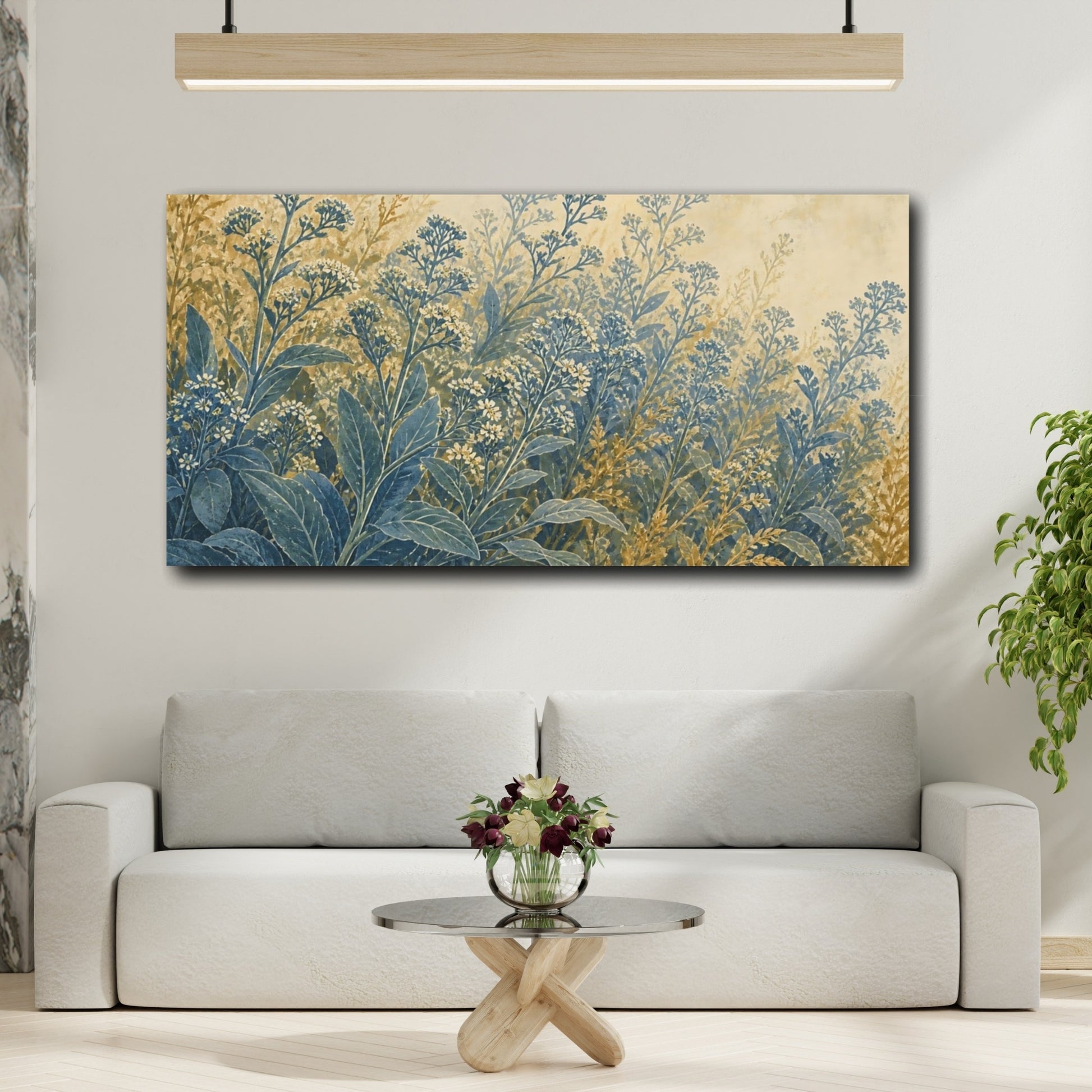 Mockup 2. Wildflowers Floral Blue Gold shown as canvas print