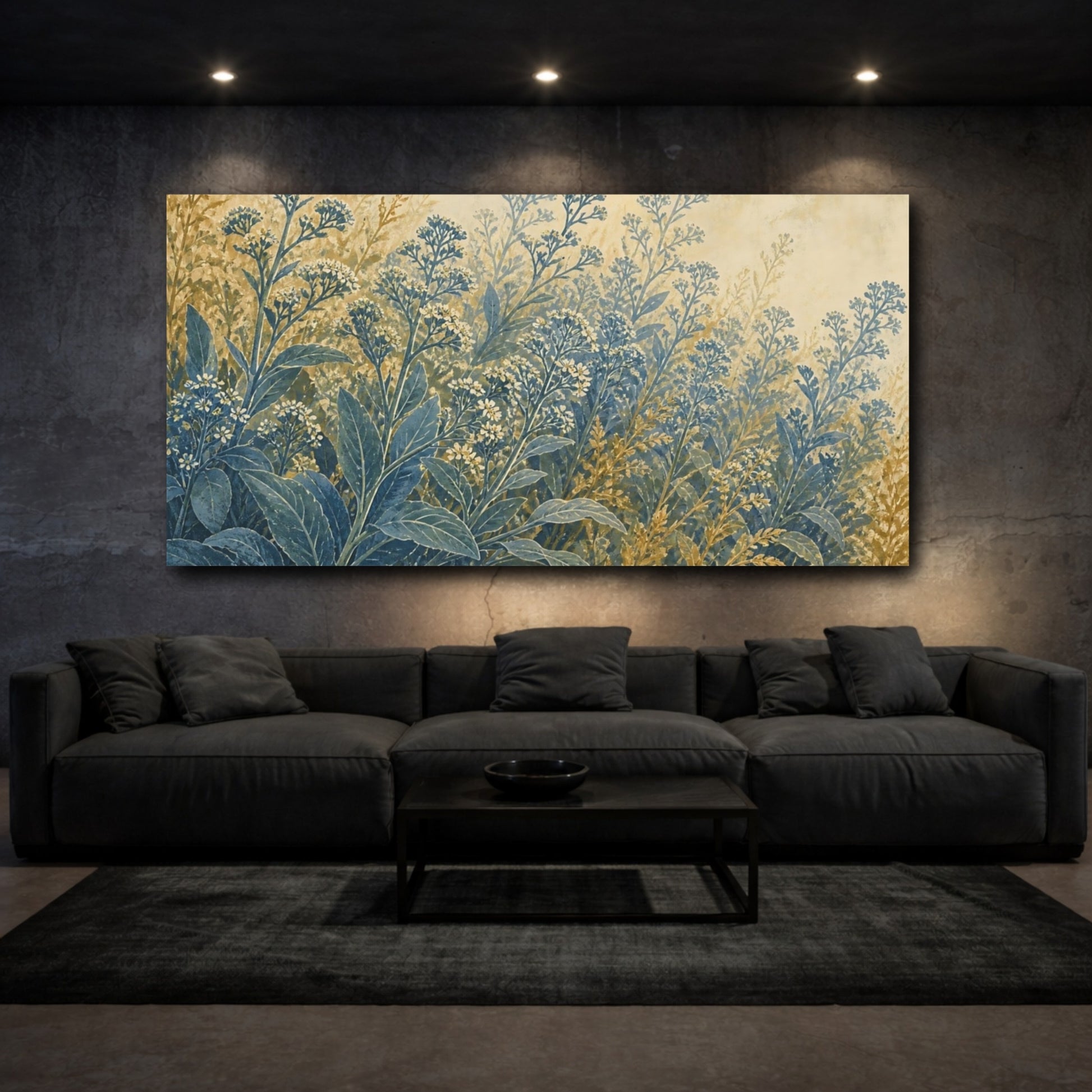 Mockup 3. Wildflowers Floral Blue Gold shown as canvas print
