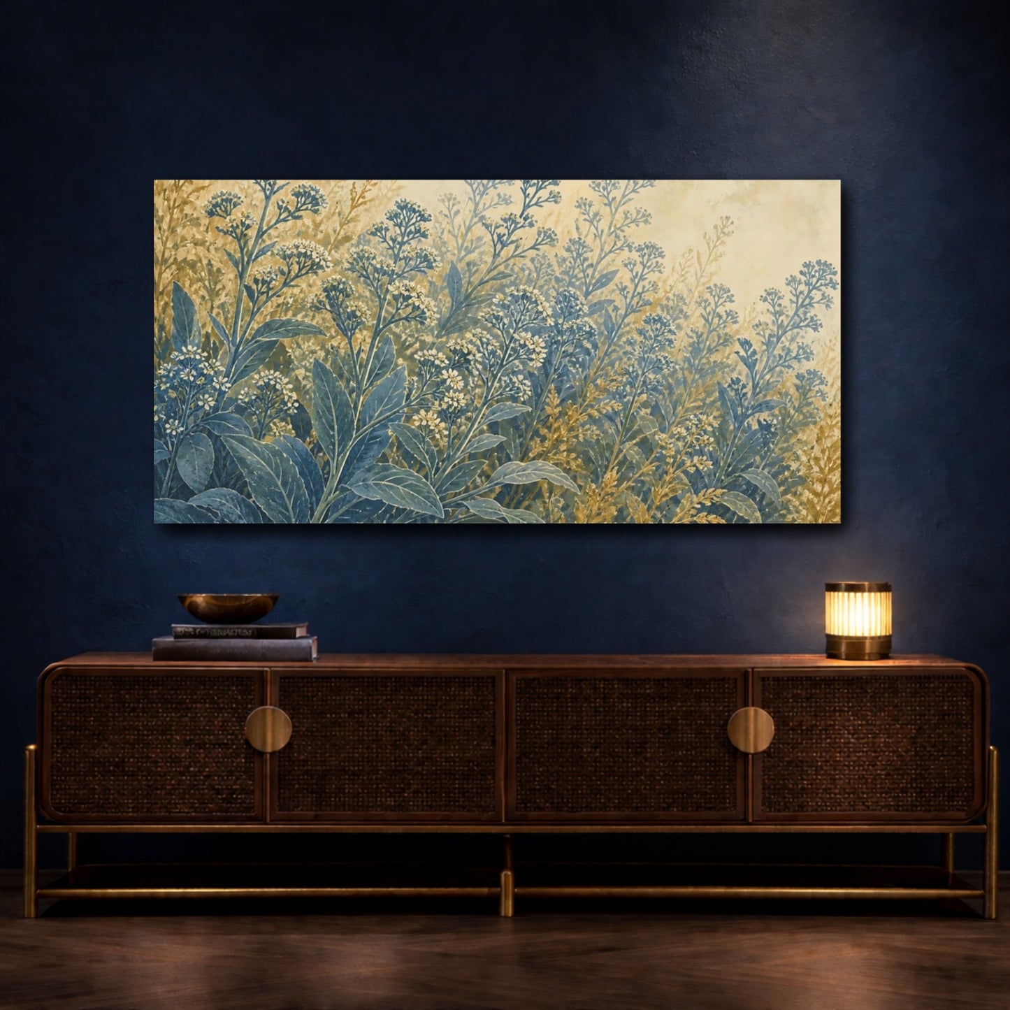 Mockup 4. Wildflowers Floral Blue Gold shown as canvas print