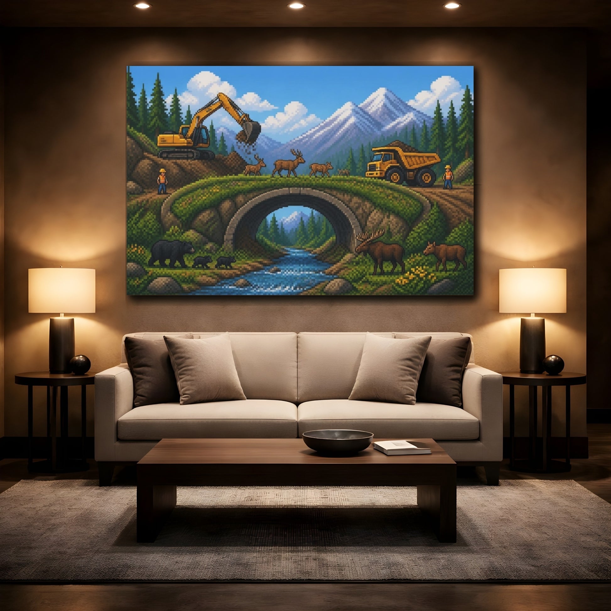 Mockup 2. Wildlife Crossing Pixel Art shown as canvas print