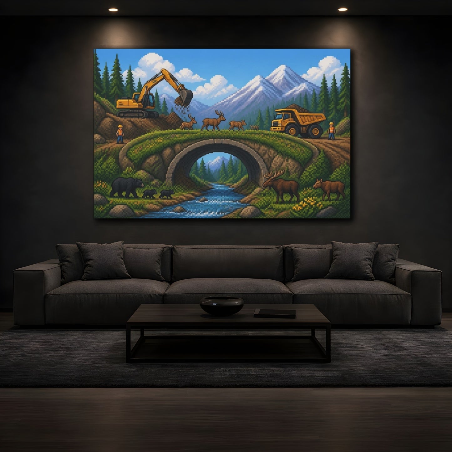 Mockup 3. Wildlife Crossing Pixel Art shown as canvas print