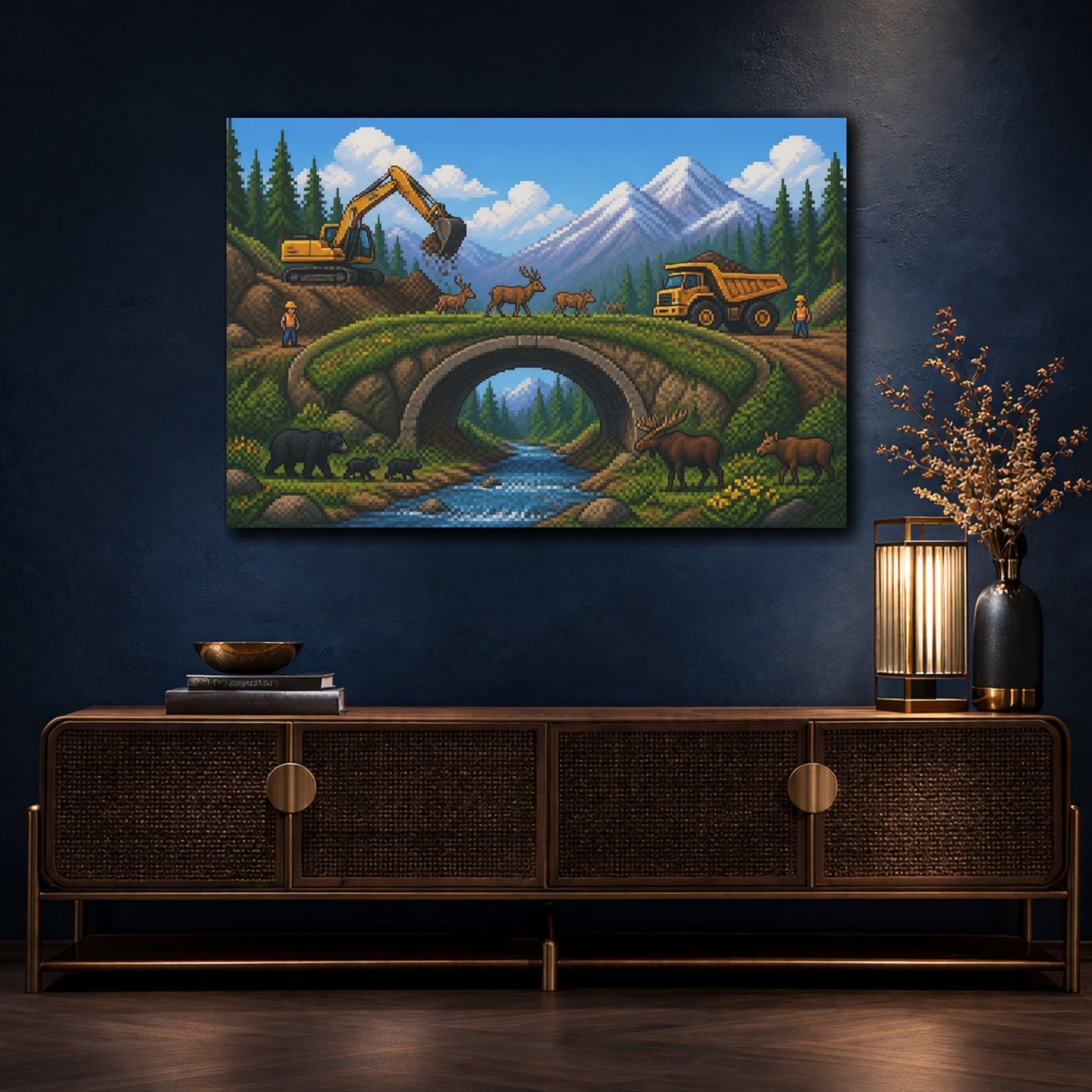 Mockup 4. Wildlife Crossing Pixel Art shown as canvas print