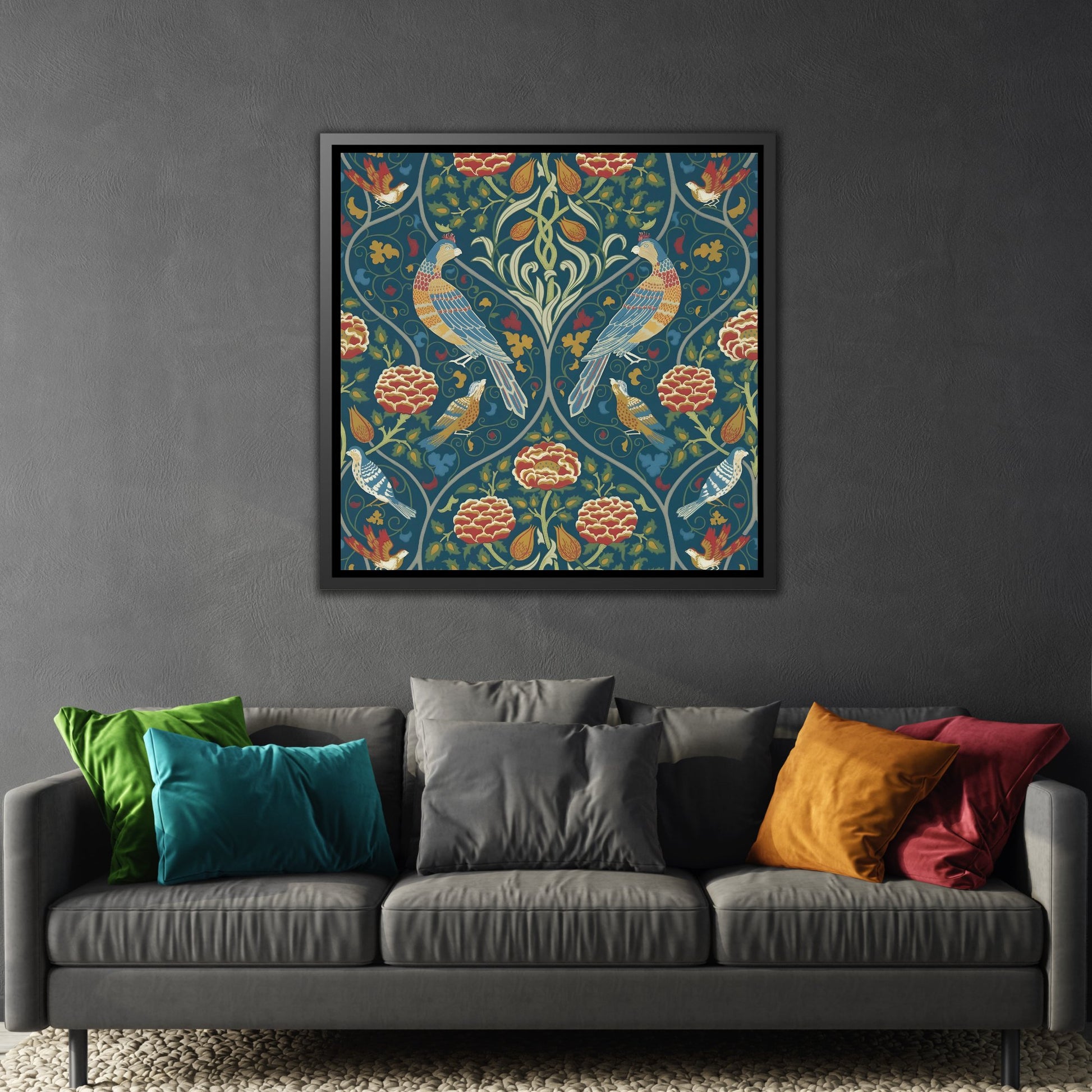 William Morris Parakeets, Roses, and Tulips Canvas Print in Exclusive Frame - Indigo Floral Wall Art Decoration for Living Room