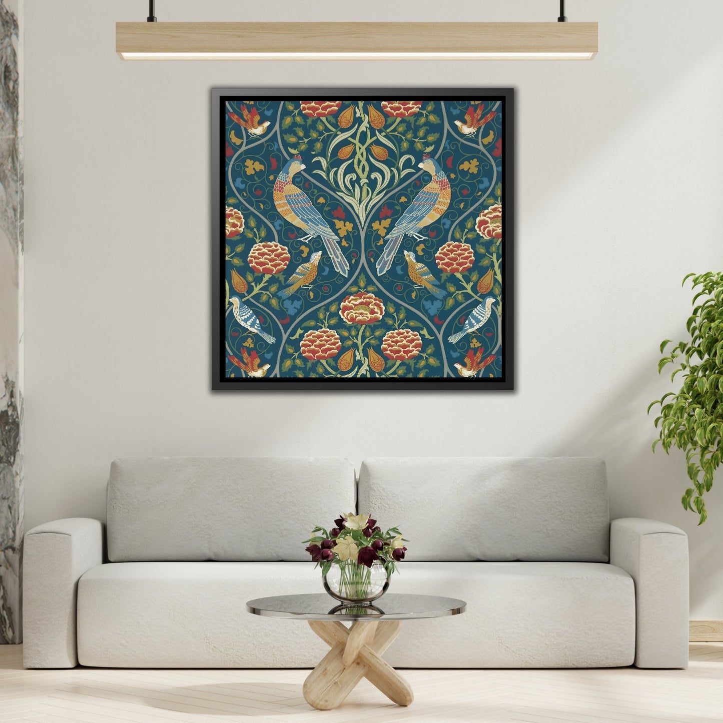 William Morris Parakeets, Roses, and Tulips Canvas Print in Exclusive Frame - Indigo Floral Wall Art Decoration for Living Room