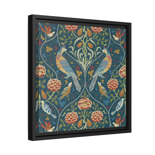 William Morris Parakeets, Roses, and Tulips Canvas Print in Exclusive Frame - Indigo Floral Wall Art Decoration for Living Room