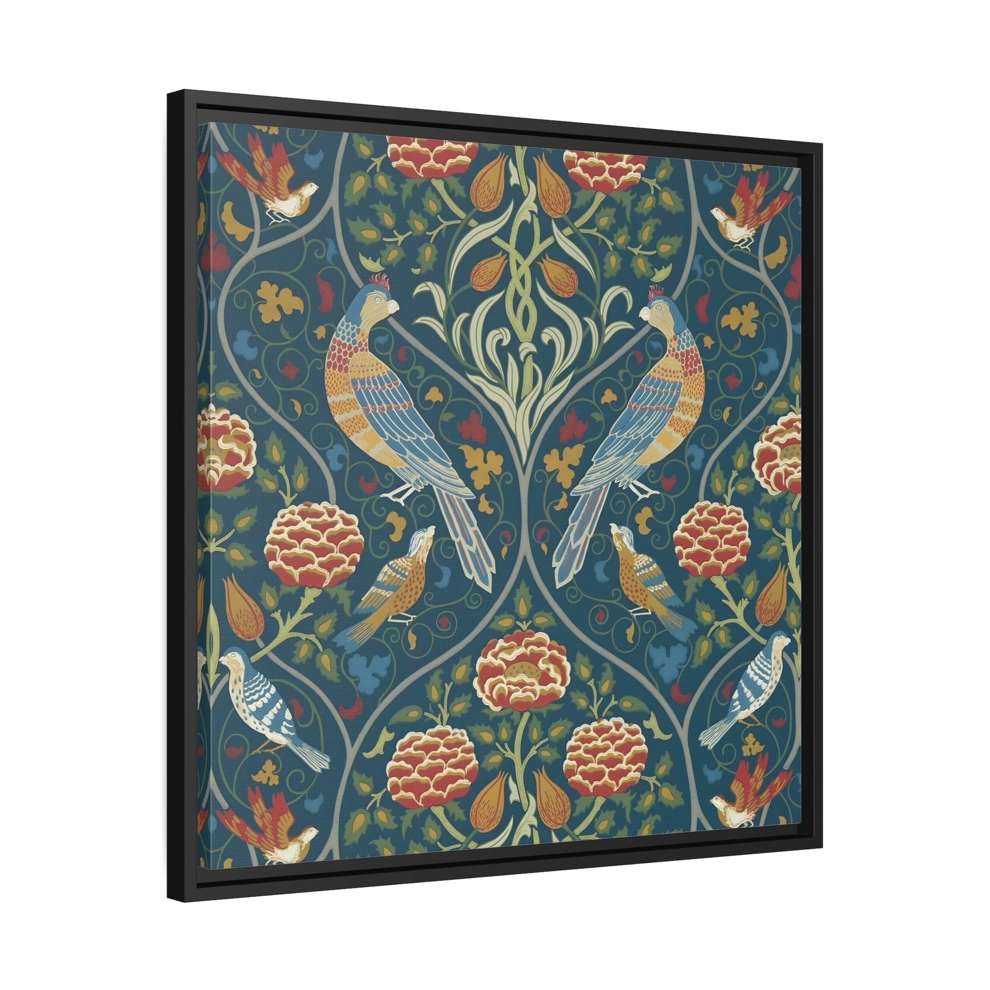 William Morris Parakeets, Roses, and Tulips Canvas Print in Exclusive Frame - Indigo Floral Wall Art Decoration for Living Room