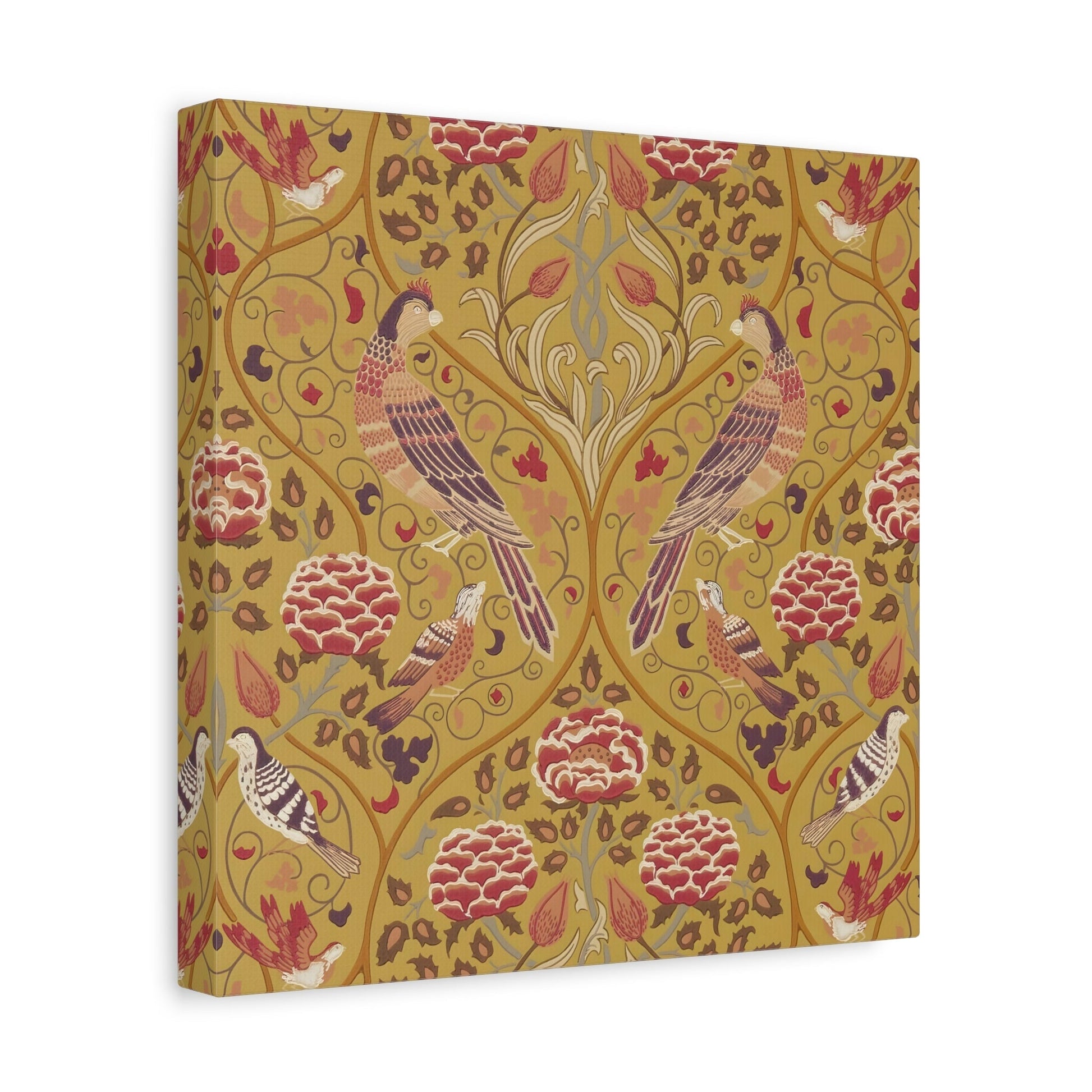 William Morris Parakeets, Roses, and Tulips Canvas Wall Art Print - Saffron Floral Home Decor - Square Framed Prints