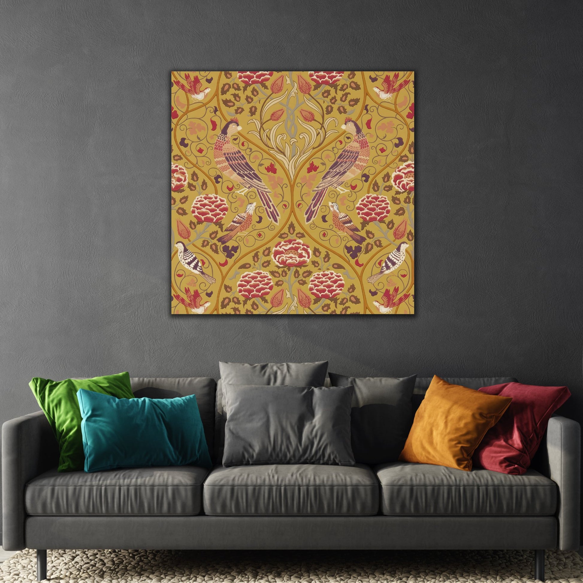 William Morris Parakeets, Roses, and Tulips Canvas Wall Art Print - Saffron Floral Home Decor - Square Framed Prints