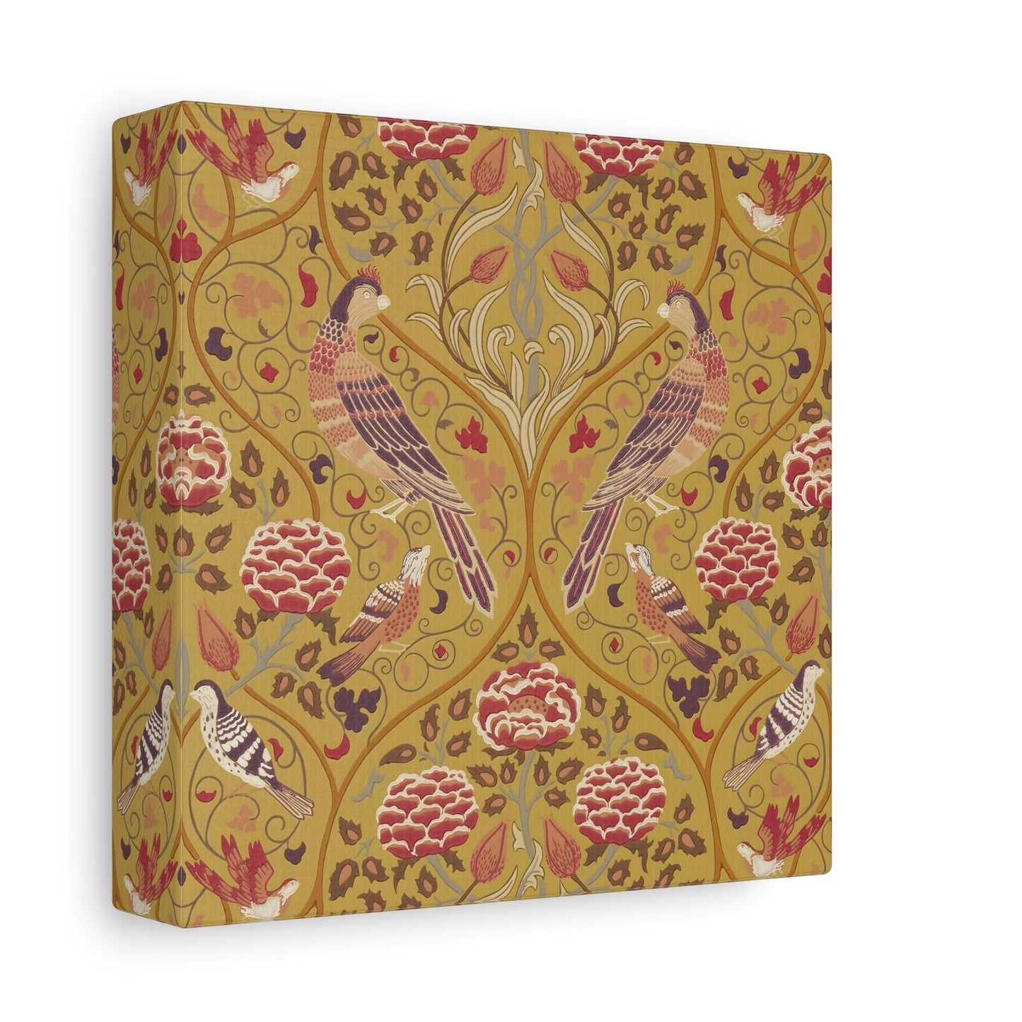 William Morris Parakeets, Roses, and Tulips Canvas Wall Art Print - Saffron Floral Home Decor - Square Framed Prints