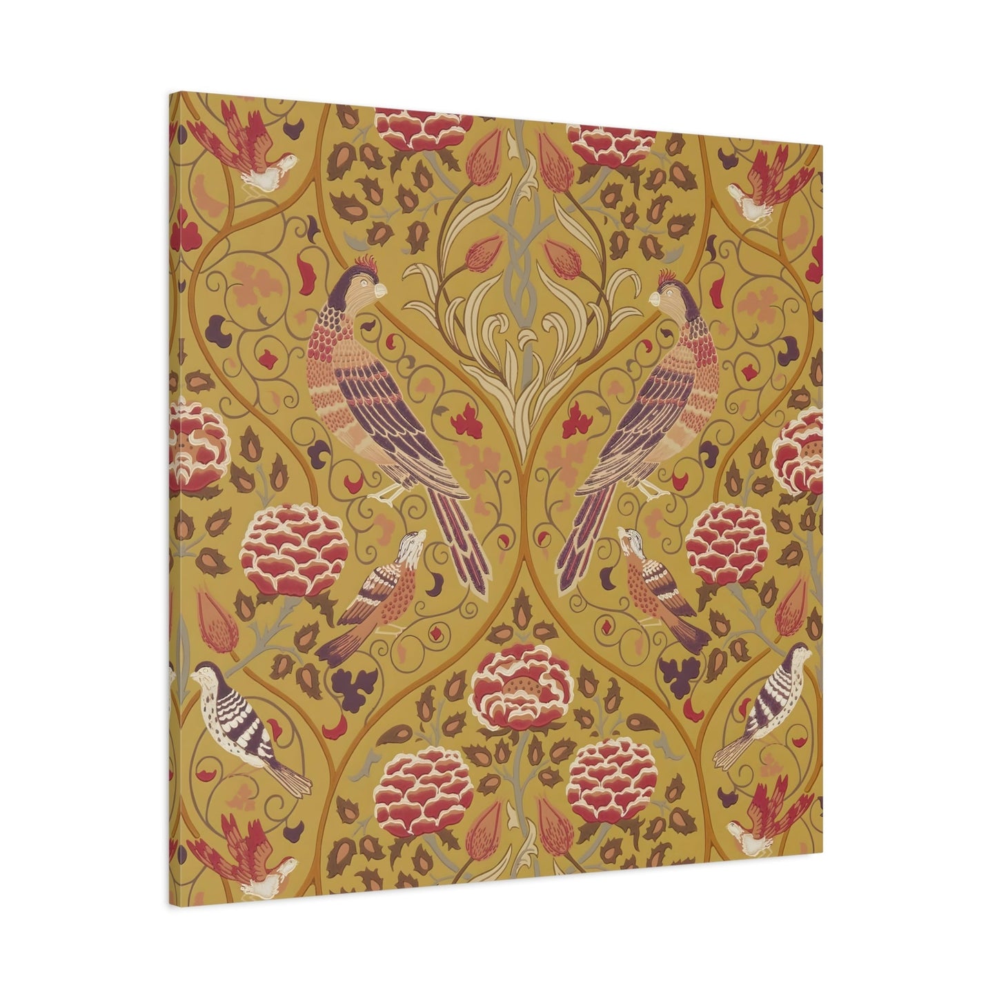 William Morris Parakeets, Roses, and Tulips Canvas Wall Art Print - Saffron Floral Home Decor - Square Framed Prints