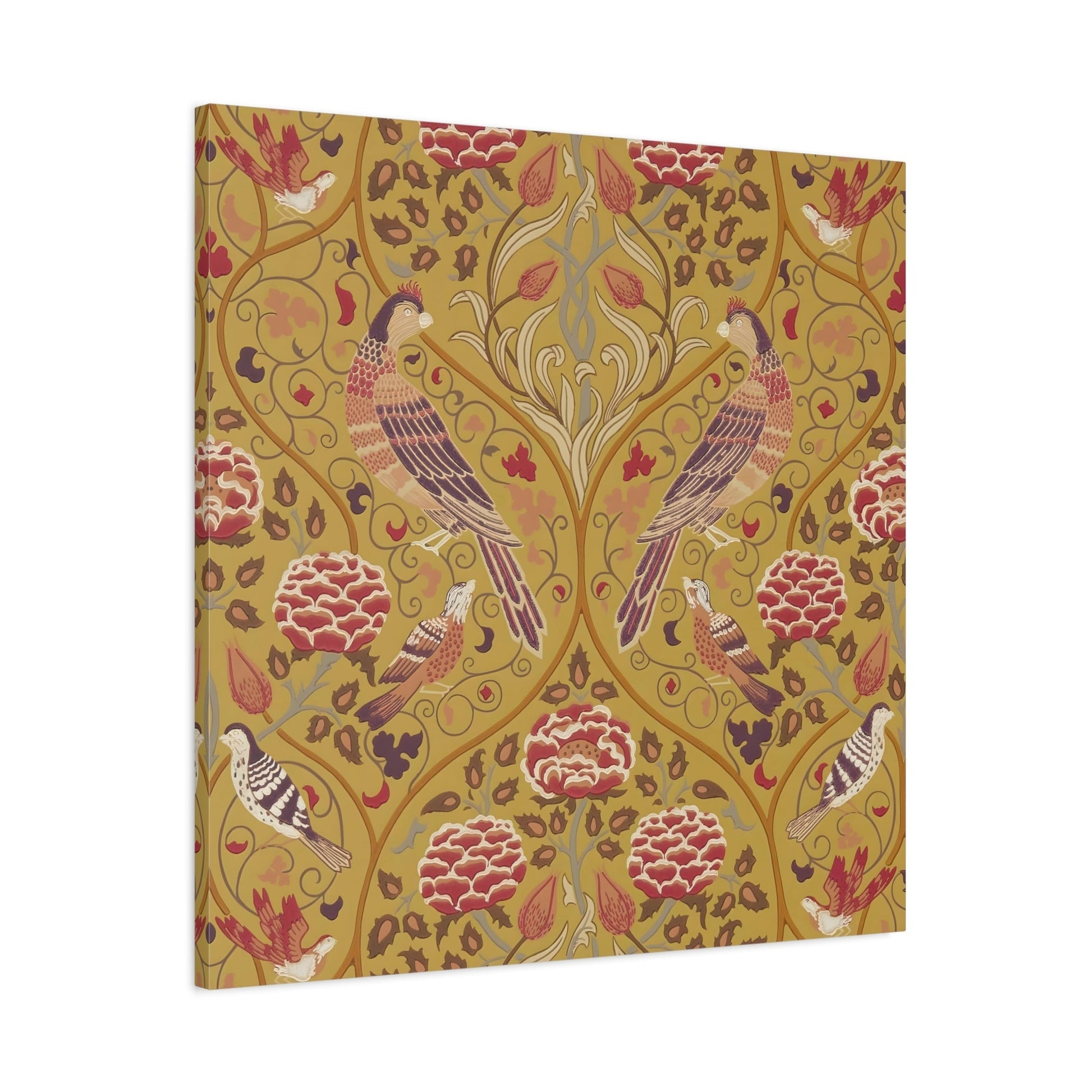 William Morris Parakeets, Roses, and Tulips Canvas Wall Art Print - Saffron Floral Home Decor - Square Framed Prints