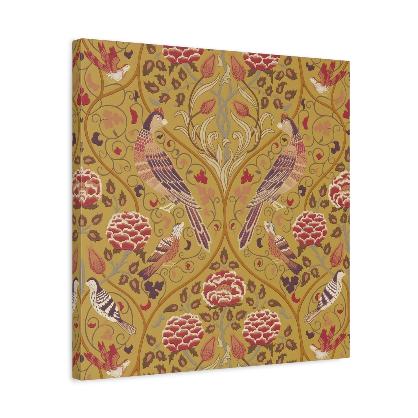 William Morris Parakeets, Roses, and Tulips Canvas Wall Art Print - Saffron Floral Home Decor - Square Framed Prints