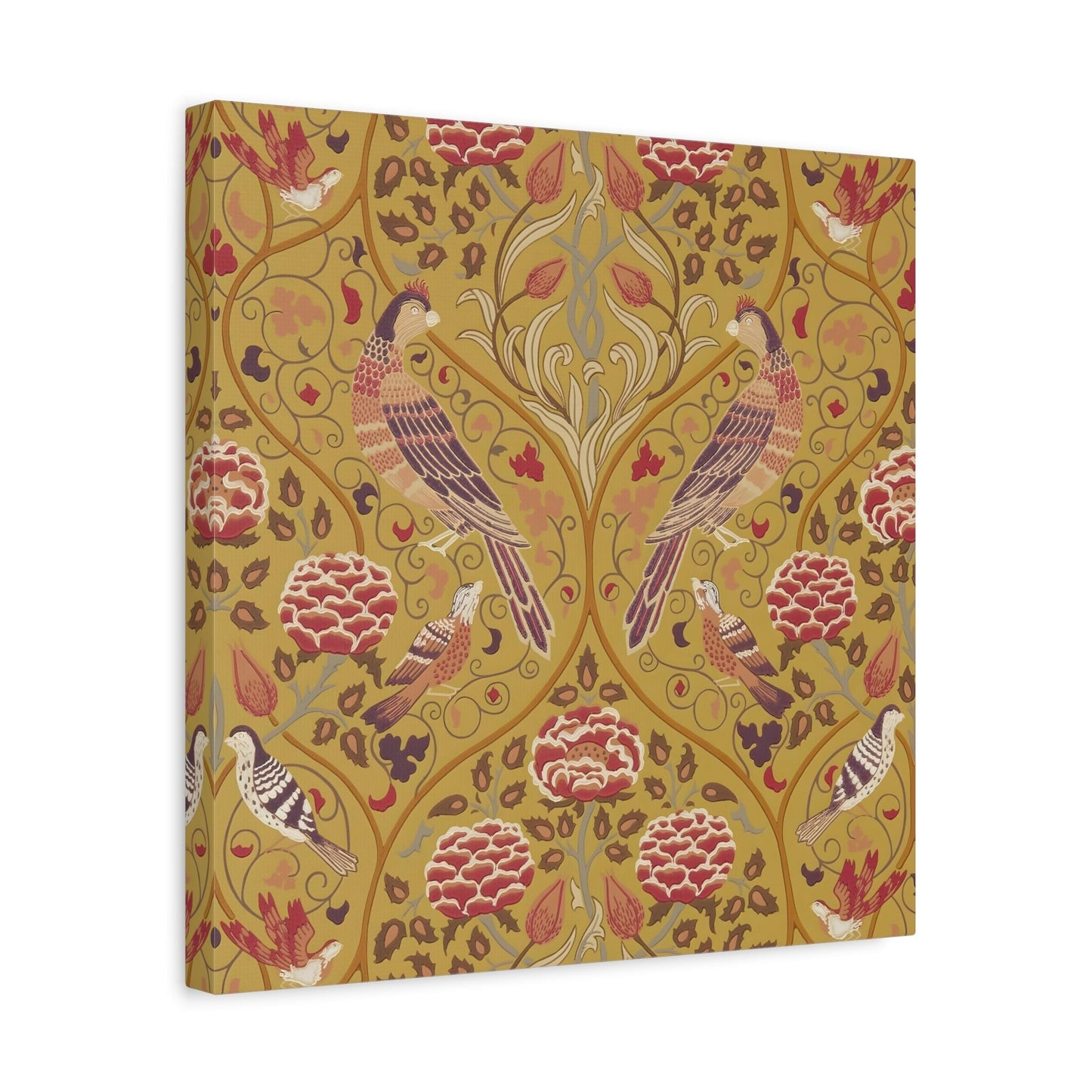 William Morris Parakeets, Roses, and Tulips Canvas Wall Art Print - Saffron Floral Home Decor - Square Framed Prints