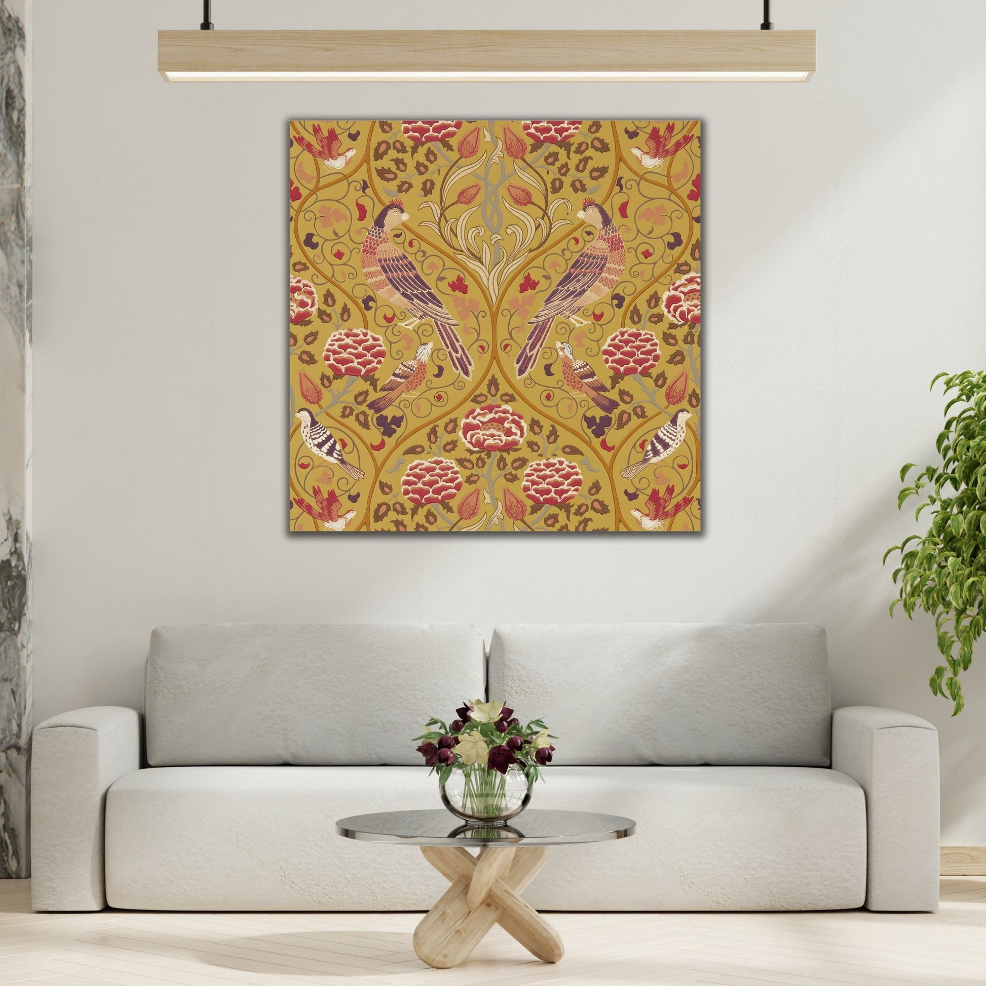 William Morris Parakeets, Roses, and Tulips Canvas Wall Art Print - Saffron Floral Home Decor - Square Framed Prints