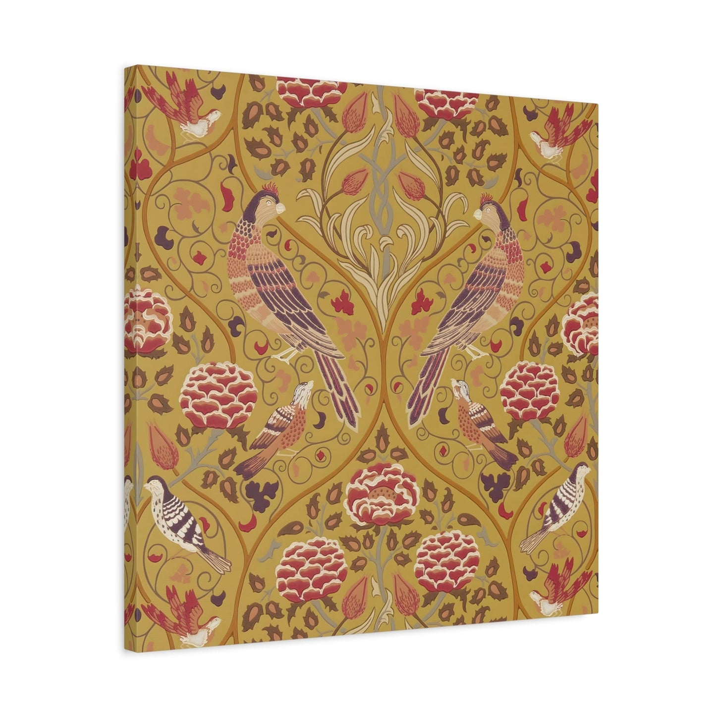 William Morris Parakeets, Roses, and Tulips Canvas Wall Art Print - Saffron Floral Home Decor - Square Framed Prints