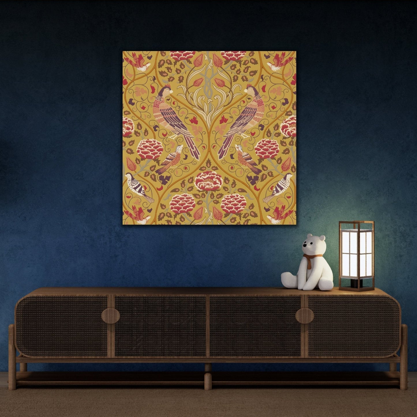William Morris Parakeets Roses Tulips - Saffron Floral Canvas Wall Art Print - YesArtYes