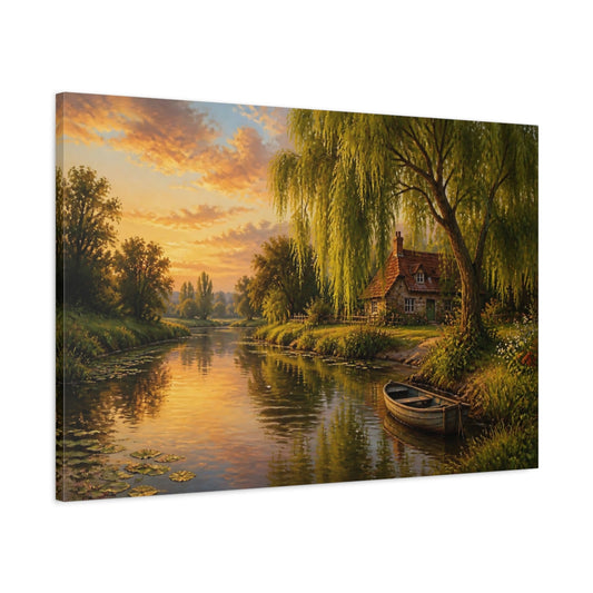 Main Mockup. Willow Tree Landscape Cottage shown as canvas print